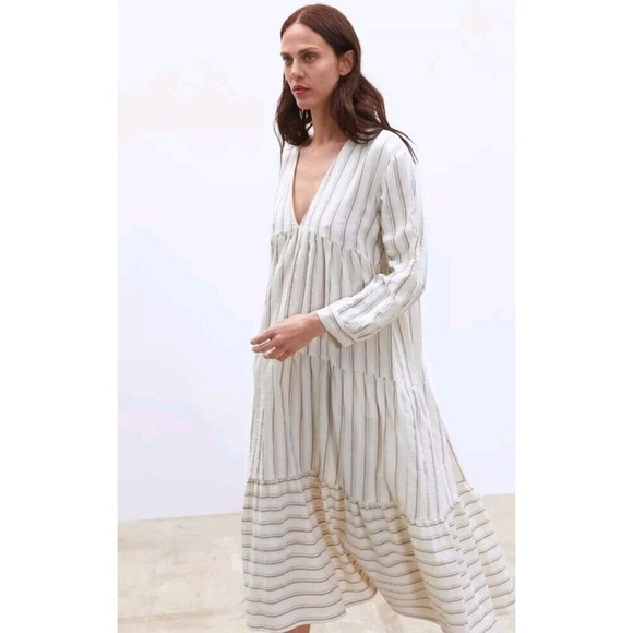 Zara Dresses & Skirts - SOLD Zara Small Women White Maxi Dress Tiered Long Bohemian Striped Romantic